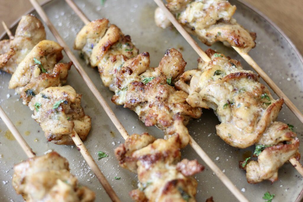 Chicken kabobs plated