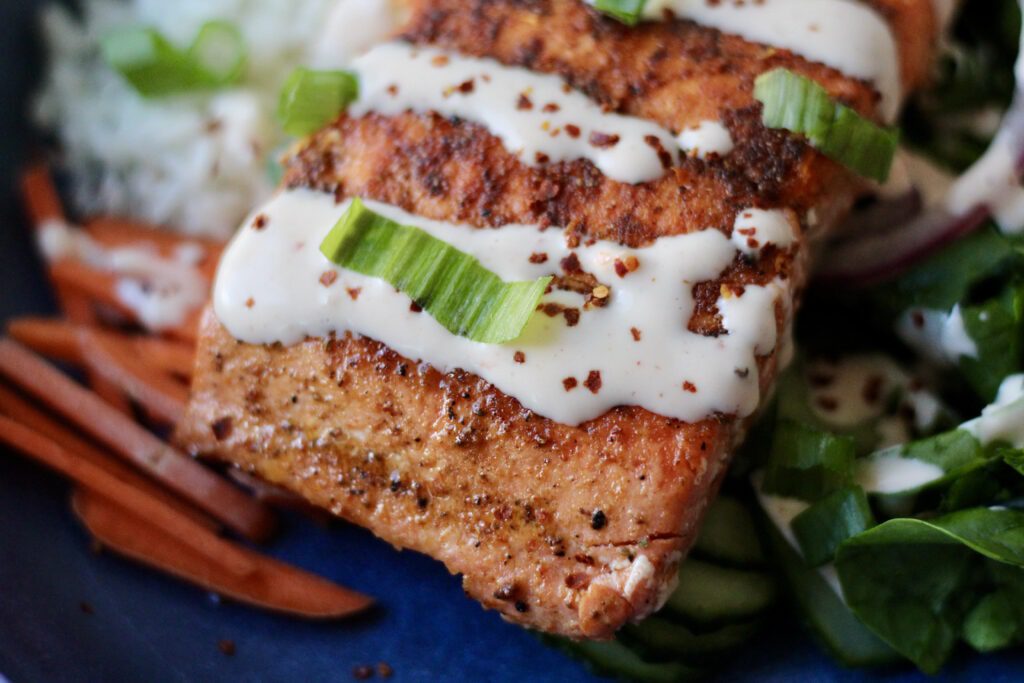 Salmon with bang bang sauce up close