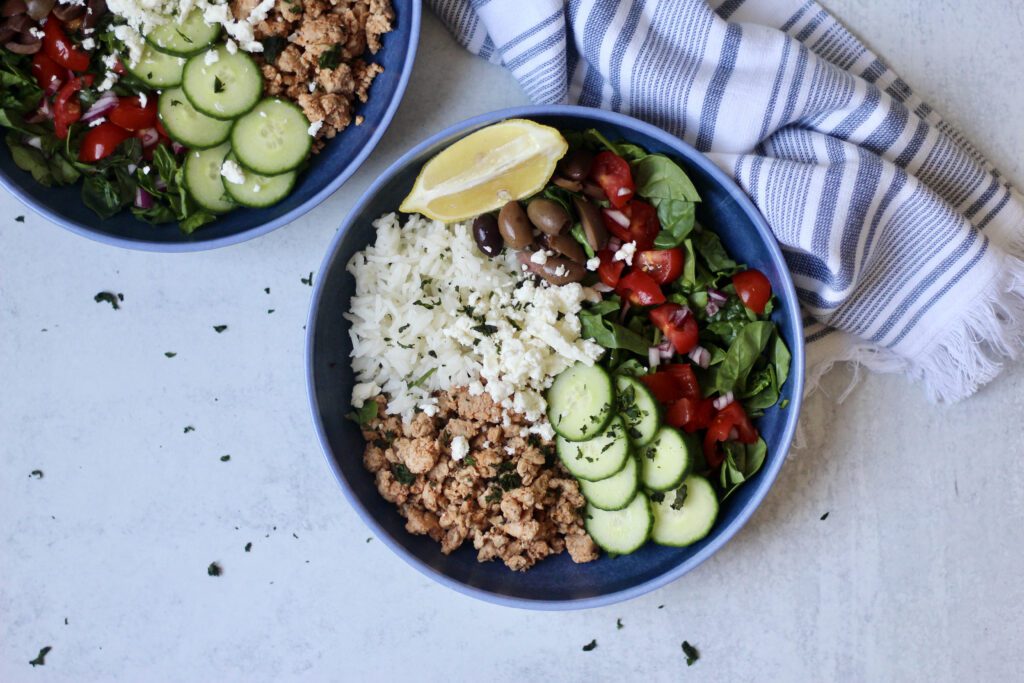 Healthy Greek ground turkey meal prep bowl recipe