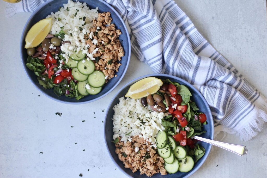 Greek meal prep turkey bowls overhead
