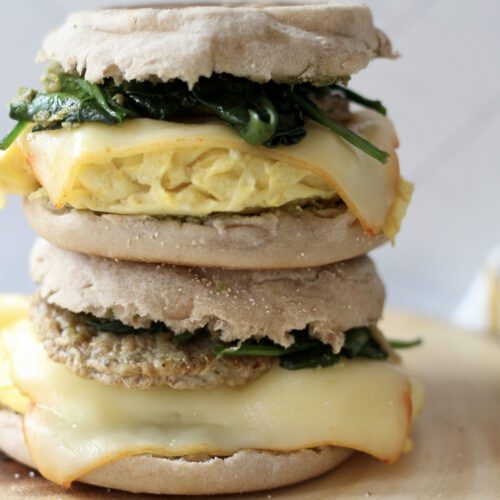 Healthy Turkey Sausage Breakfast Sandwich with eggs and pesto
