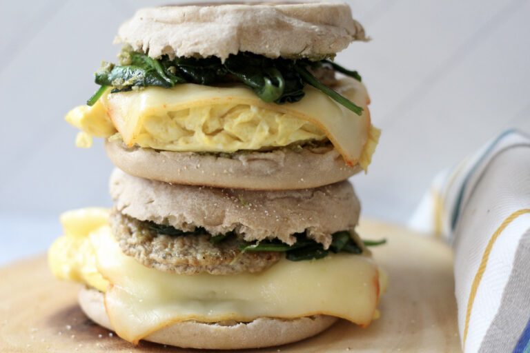 Healthy Turkey Sausage Breakfast Sandwich with eggs and pesto