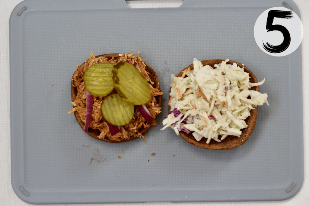 Top with coleslaw and pickles