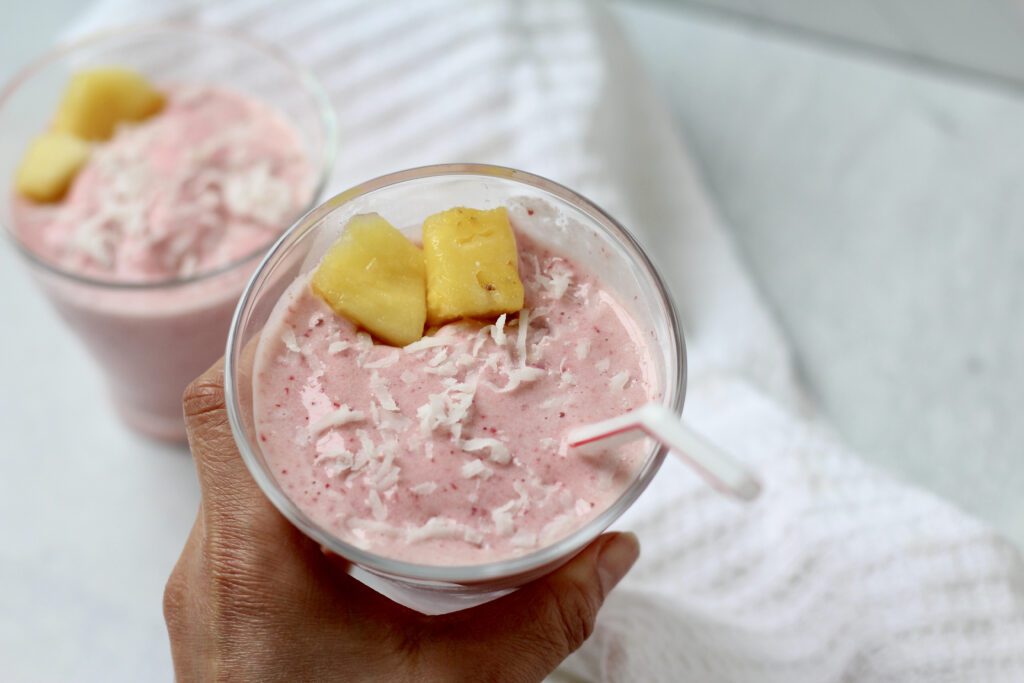 High Protein Strawberry Pineapple Smoothie Held