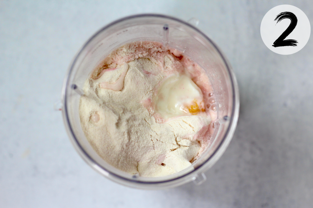 Add protein powder greek yogurt and almond milk