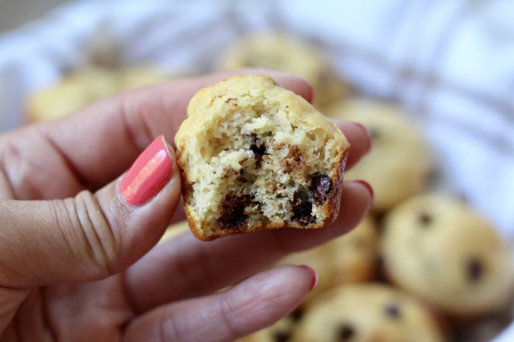 Inside of a soft Kodiak chocolate chip mini muffin